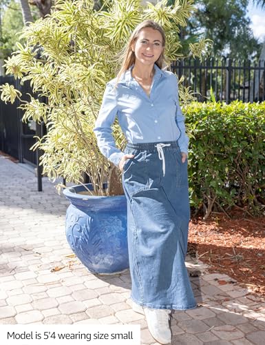 51cIPWDYYlL.jpg Denim Skirts for Women Trendy A Line Long Maxi Pull On Elastic Waist Drawstring Stretchy Jean Skirt with Pockets