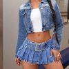Women's Low Waist Buckle Belted Pleated Denim Skirt Y2K Flared A Line Mini Jean Skirts