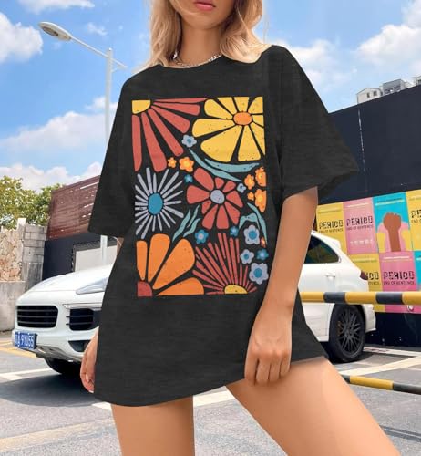 Womens Oversized Tshirt Flower Graphic Tees Boho Hiking T Shirt Vintage Wildflower Shirts Summer Casual Beach Tops