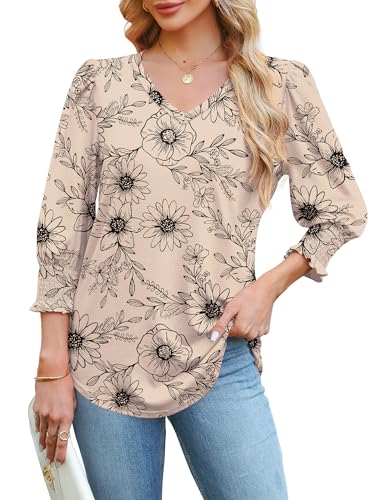 3/4 Length Sleeve Womens Tops Dressy Casual Blouses V Neck T Shirts with Smocked Cuffs