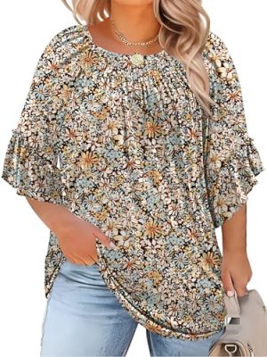 Womens Plus Size Tops 3/4 Ruffle Sleeve Shirts Crewneck Pleated Blouses Dressy Casual Fashion Tunic Top (1X-5X)