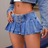 Women's Low Waist Buckle Belted Pleated Denim Skirt Y2K Flared A Line Mini Jean Skirts
