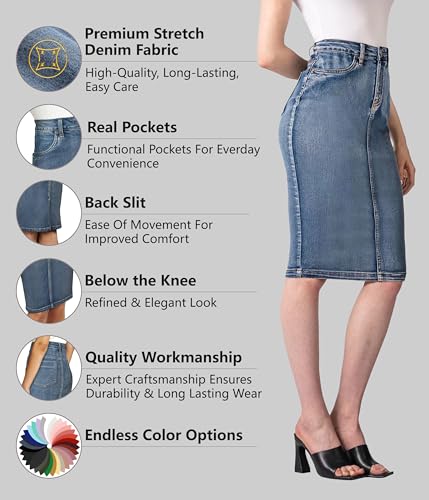 Womens Stretch Pencil Skirts with Functional Pockets, A Line & Destructed Mini Denim Skirts
