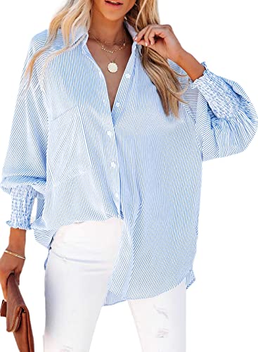 51hFbriA1TL.jpg Womens Smocked Cuffed Striped Boyfriend Shirt Casual Collar Long Sleeve Oversized Button Down Blouse Tops with Pocket Shirred