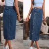 Women's Casual Slit Denim Midi Jean Skirt Stretch High Waisted Button Up Frayed with Pockets