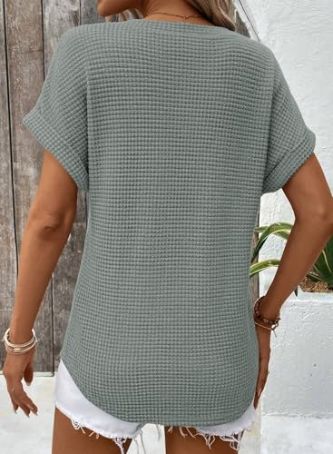 51irJ0Si6L.jpg Womens Waffle Knit Tops 2025 Fall Summer V Neck Shirts Casual Trendy Women's Blouses Basic Tee