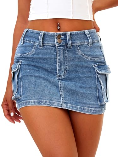 51j2LpLUO7L.jpg High Stretchy Cargo Skirt for Women, Low Waist Y2k Mini Skirt Cute Denim Skirt with Pockets