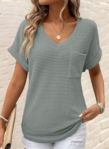 51kaVhuvQL.jpg Womens Waffle Knit Tops 2025 Fall Summer V Neck Shirts Casual Trendy Women's Blouses Basic Tee
