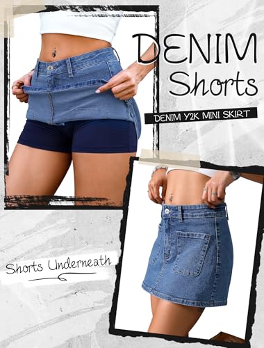 51mgx9fRHAL.jpg Jean Skorts for Woman High Waisted Stretchy Denim Skirt with Shorts Mini Skirt with Pockets