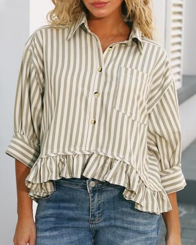 Womens Summer Tops Dressy Casual Blouse Top Ruffled Short Sleeve Button Down Striped Shirt