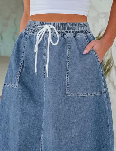 51nuA7xPWZL.jpg Denim Skirts for Women Trendy A Line Long Maxi Pull On Elastic Waist Drawstring Stretchy Jean Skirt with Pockets