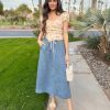 Denim Skirts for Women Trendy A Line Long Maxi Pull On Elastic Waist Drawstring Stretchy Jean Skirt with Pockets