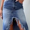 Womens' High Waist Midi Stylish Raw Hem Split Asymmetrical Wash Denim Skirt