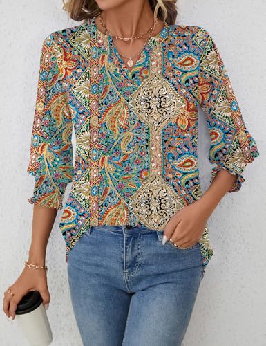 51qWI30ASUL.jpg Women's 2025 Fashion Tops 3/4 Length Sleeve Business Casual Blouses Summer Tees Shirts S-4X