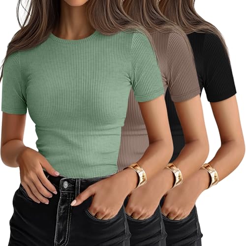 3 Pack Women's Ribbed T-Shirts, Cotton Short Sleeve Basic Tees Crewneck Fitted Tops Casual Shirts 2025 Summer Trendy