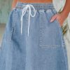 Denim Skirts for Women Trendy A Line Long Maxi Pull On Elastic Waist Drawstring Stretchy Jean Skirt with Pockets