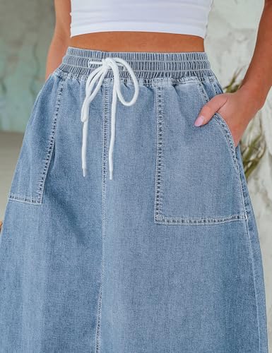 Denim Skirts for Women Trendy A Line Long Maxi Pull On Elastic Waist Drawstring Stretchy Jean Skirt with Pockets
