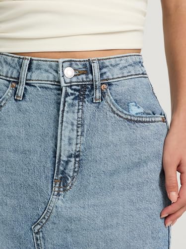 Women??s Maxi Denim Skirt ?C High Waisted Stretch Jean Skirt with Front Slit ?C Medium Wash