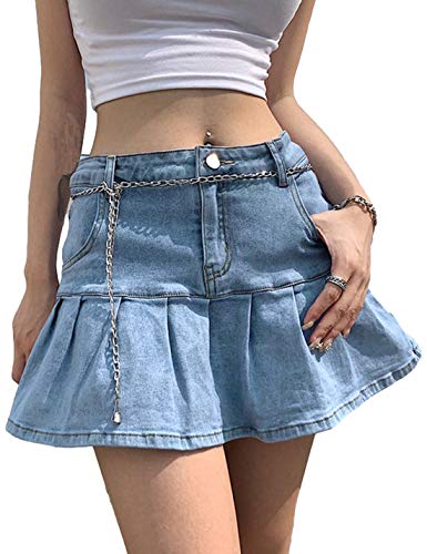 51wjSY91YJL.jpg Women's Casual Slim A-line Pleated Ruffle Short Mini Denim Skirts