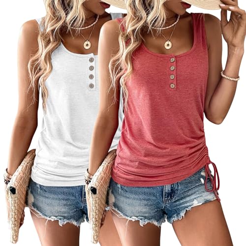 Womens Tank Tops, 2 Pack Summer Tank Tops for Women 2025, Sleeveless U Neck Loose Button Casual Henley Tops Shirts
