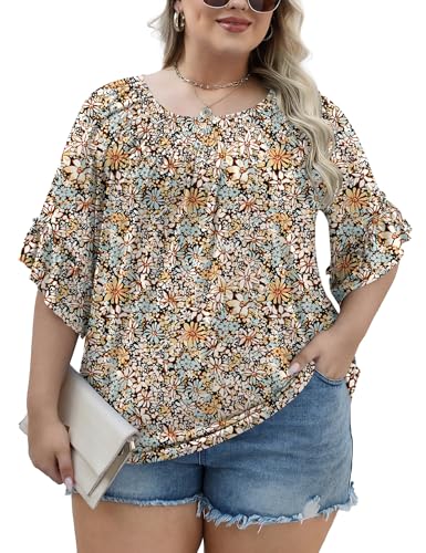 51xG61Nmi0L.jpg Womens Plus Size Tops 3/4 Ruffle Sleeve Shirts Crewneck Pleated Blouses Dressy Casual Fashion Tunic Top (1X-5X)