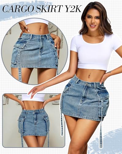 Womens Cargo Skirt Low Waist Button Denim Mini Skirt Summer Y2k Jean Skirt with Flap Pockets