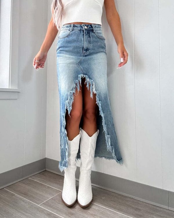 Womens Casual Slit Denim Midi Jean Skirt High Waist Frayed Distressed Button A-Line Long Jean Skirt
